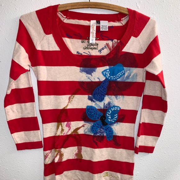 desigual new and good red stripped quarter sleeve top S - Picture 1 of 8